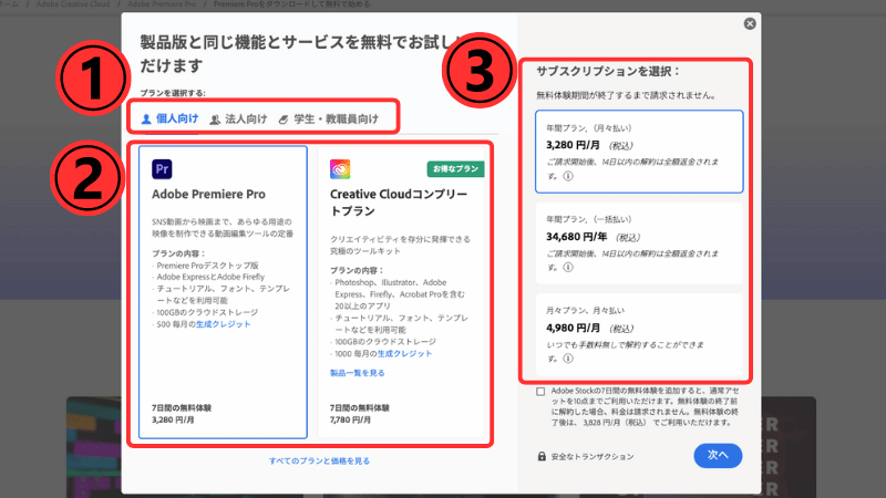 それぞれのプランを選択する