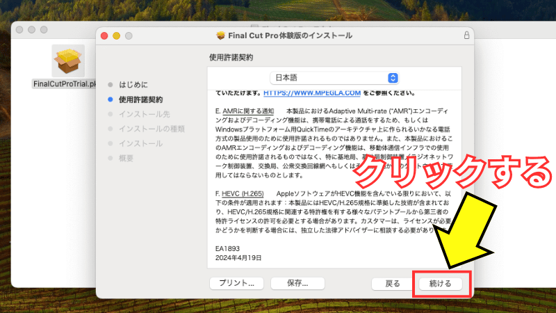 使用許諾契約を確認して続けるをクリックする