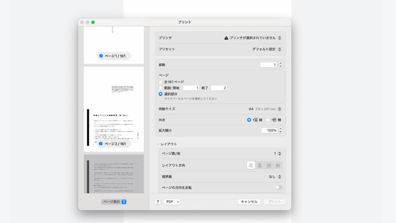 PDNobの印刷設定画面