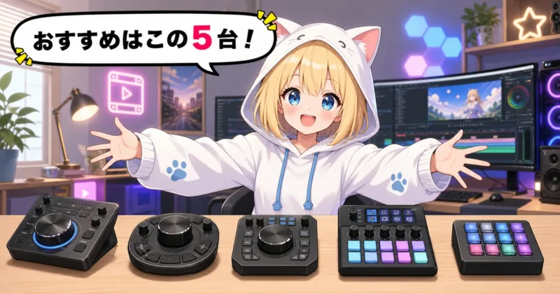 動画編集におすすめの左手デバイス5台を紹介するイラスト