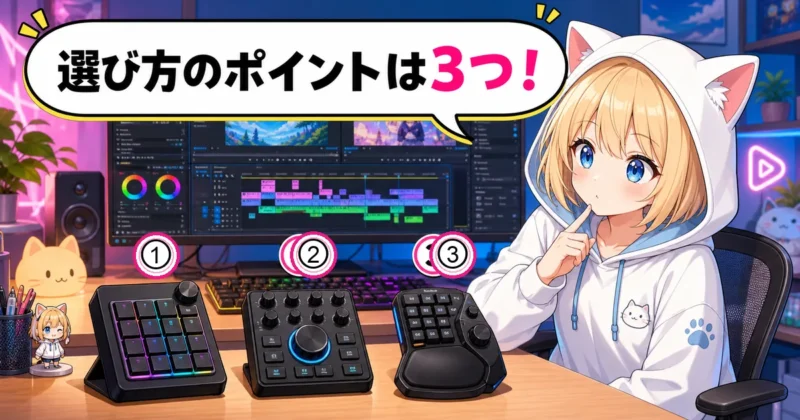 左手デバイスの選び方3つのポイントを考える女の子のイラスト