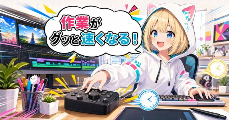 左手デバイスで動画編集の作業が速くなるイメージイラスト