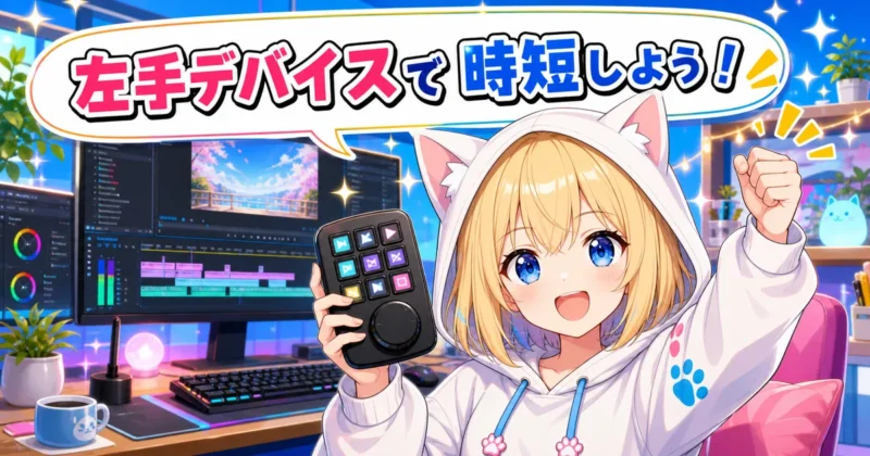 左手デバイスで動画編集を時短しようと呼びかける女の子のイラスト