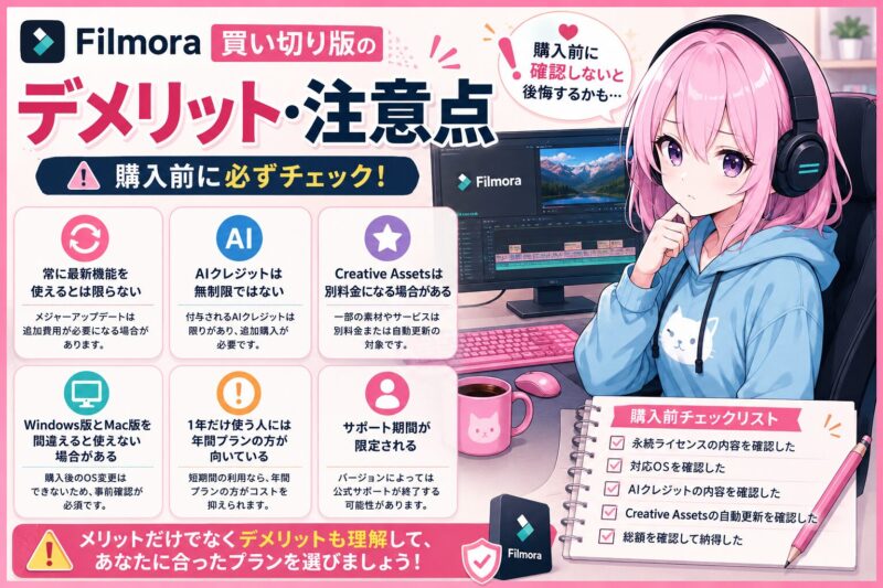 alt="Filmora買い切り版のデメリットや注意点を解説するアイキャッチ画像"