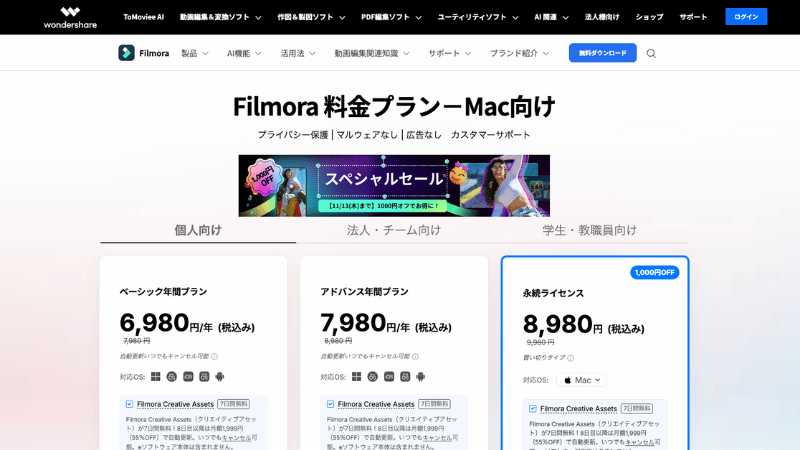 Filmora15のプラン選択画面