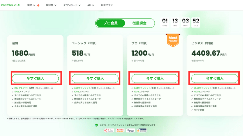 RecCloud AIのプラン一覧