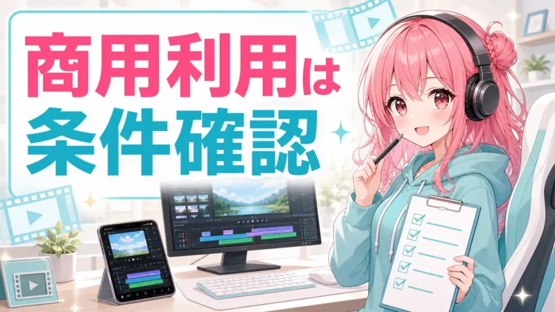 Filmora アプリの商用利用と素材利用の注意点を示すイメージ