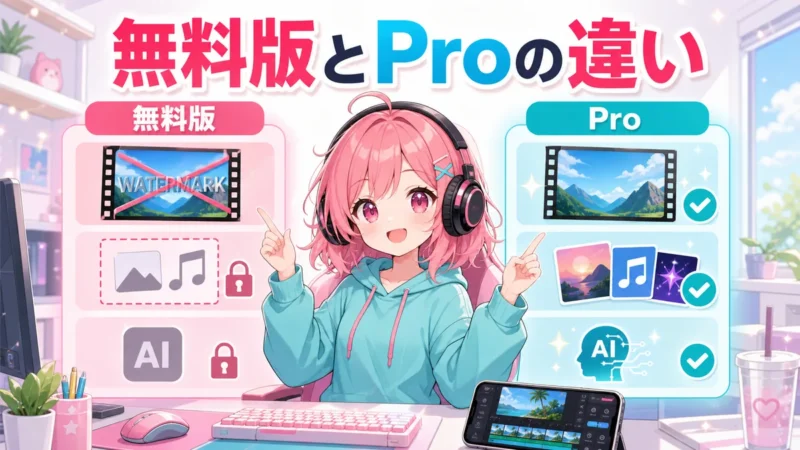 Filmora アプリの無料版と有料版の違いを表す比較イメージ