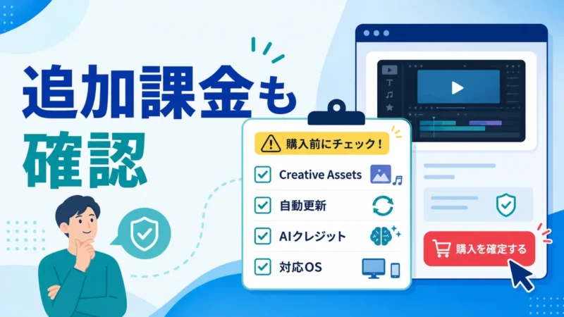 Filmora購入前に自動更新と追加サービスを確認する図