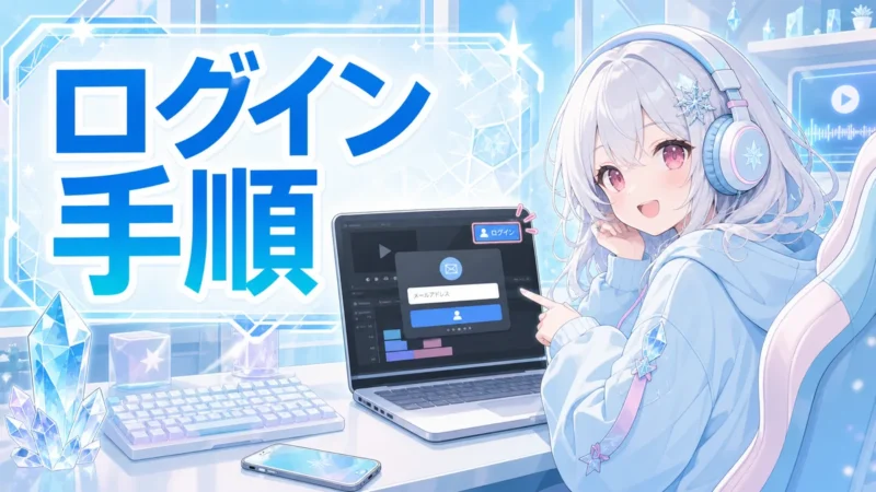 Filmoraのログイン手順を順番に示す画面