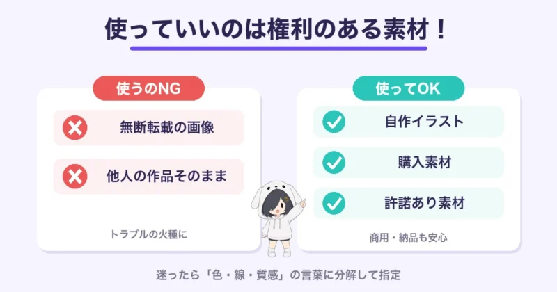 スタイル融合 V2の参照画像には自作イラストや購入素材など権利のある素材だけを使い、無断転載画像は避けることを示す図解