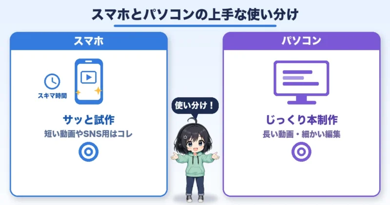 スマホはサッと試作・パソコンはじっくり本制作という使い分けを示す図説