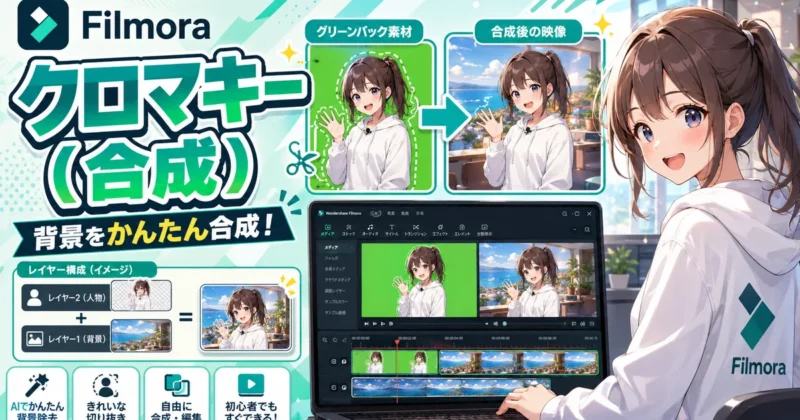 Filmoraのクロマキー(合成)で背景をかんたん合成するイメージ