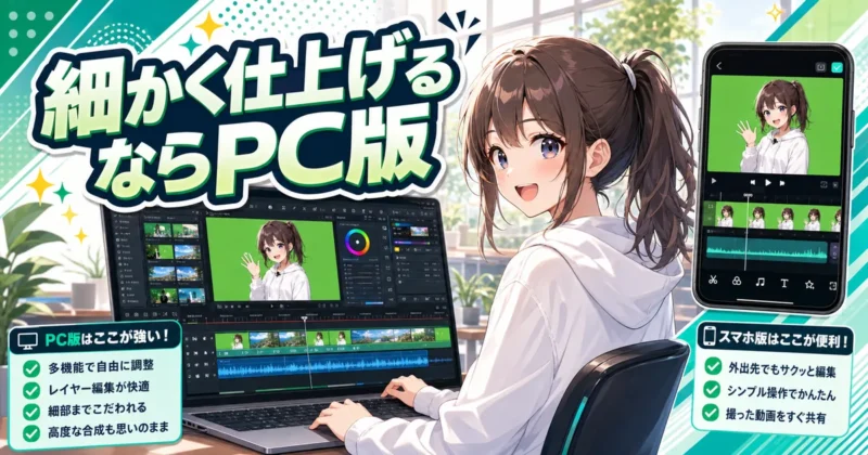 FilmoraのPC版とスマホ版のクロマキーの違いを比較するバナー
