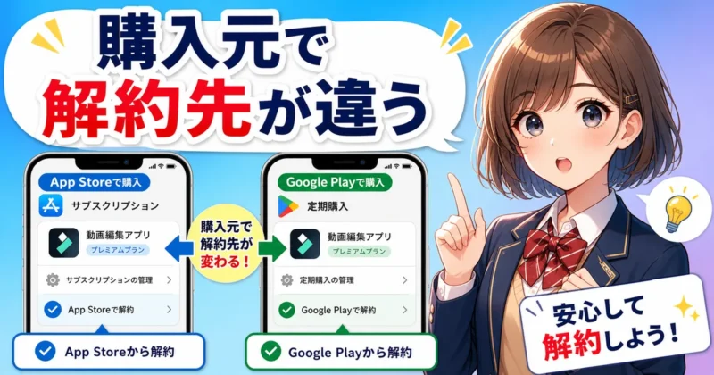 App StoreとGoogle Playのサブスクリプション解約先を確認するイメージ