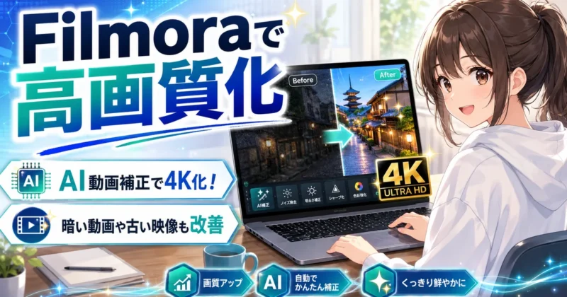 Filmoraの高画質化をAI動画補正で行うことを示すアイキャッチ画像