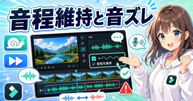 Filmora（フィモーラ）で音声付き動画の速度変更と音程維持を確認する画面