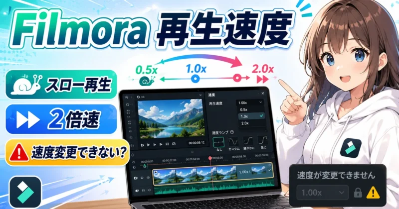 Filmora（フィモーラ）で速度変更できることを示す編集画面イメージ