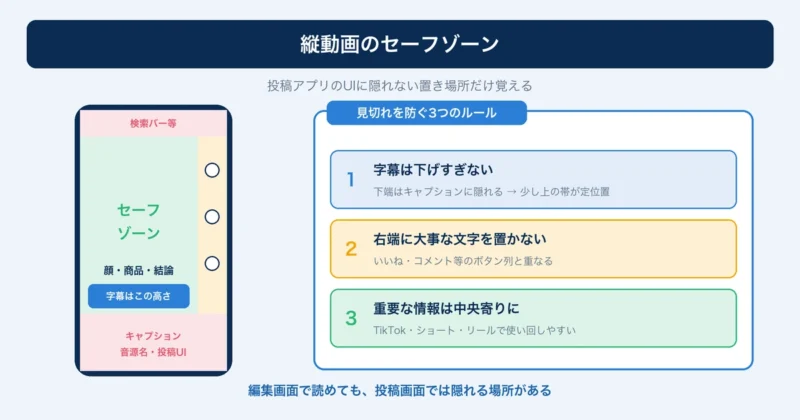 縦動画のセーフゾーンと投稿UIに隠れないレイアウトの図解