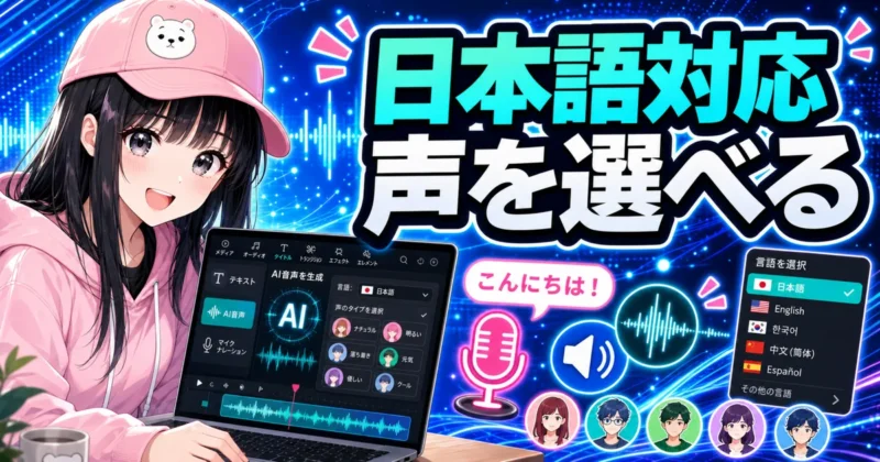 FilmoraのAI音声の種類と日本語対応を表すイメージ