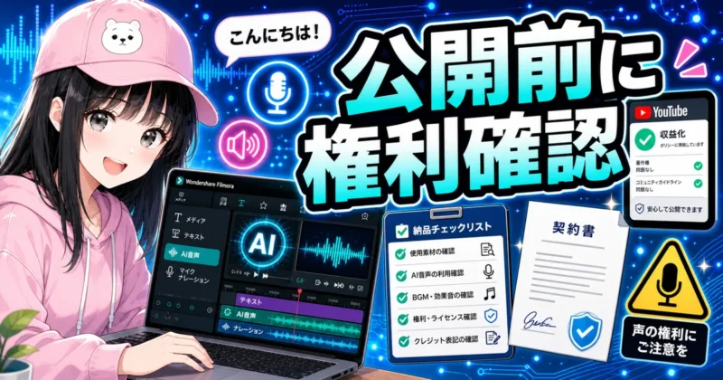 Filmoraのテキスト読み上げを商用利用する時の権利確認イメージ