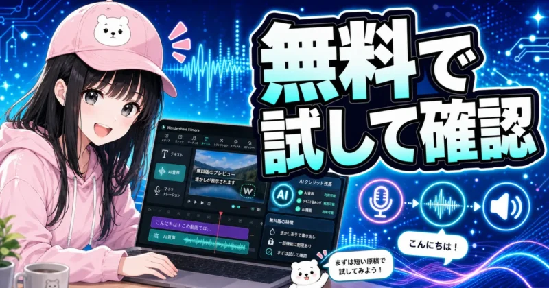Filmora無料版の透かしとAIクレジットを確認するイメージ