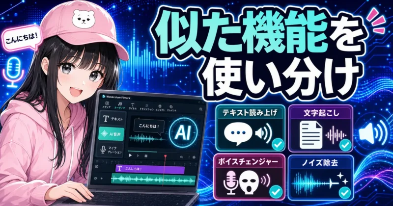 Filmoraの読み上げと文字起こしなど関連機能を使い分けるイメージ