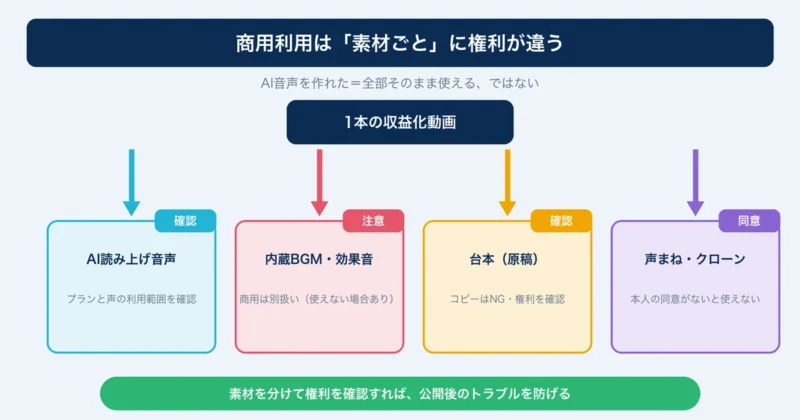 Filmoraの読み上げ音声を商用利用する時、AI音声・BGM・台本・声クローンで権利の見方が違うことを示す図解