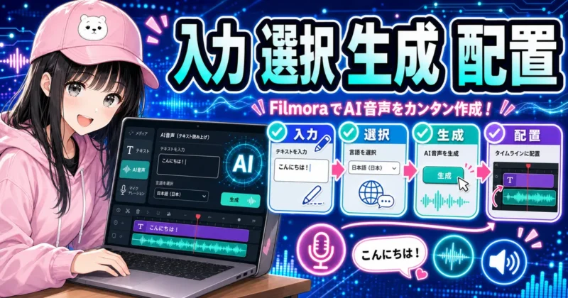 Filmoraのテキスト読み上げ手順を示す編集画面のイメージ