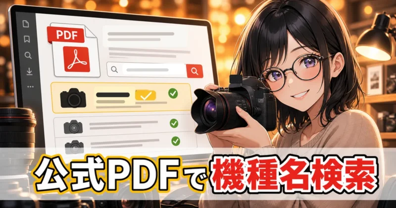 公式の対応カメラ一覧PDFで機種名を探すイメージ