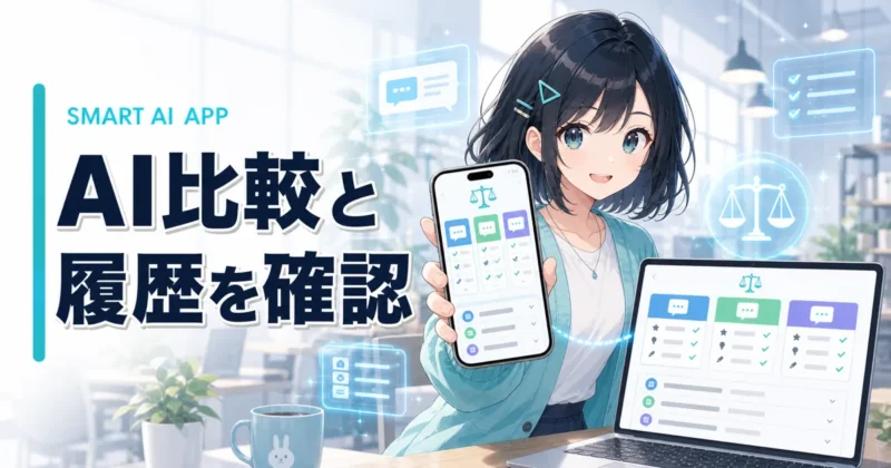 スマホとPCで天秤AIのAI比較や履歴を使うイメージ