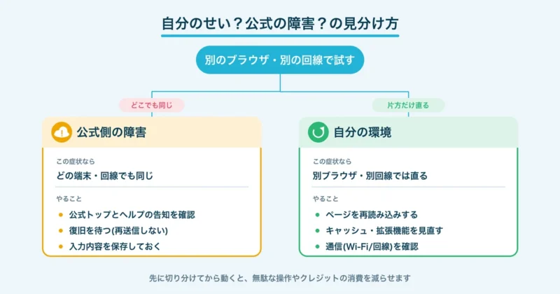 別ブラウザ別回線で同じ症状なら公式障害・片方だけ直れば自分の環境という見分け方の図