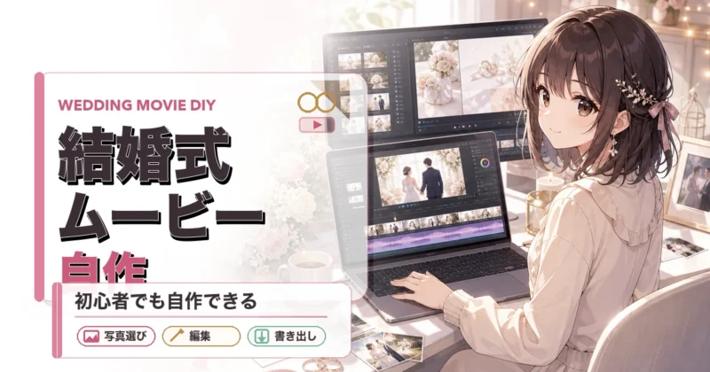 結婚式ムービーを自作するカップルとノートパソコンの編集画面