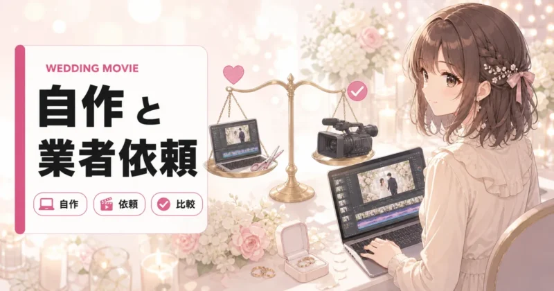 結婚式ムービーを自作と業者依頼で比較する天秤の図