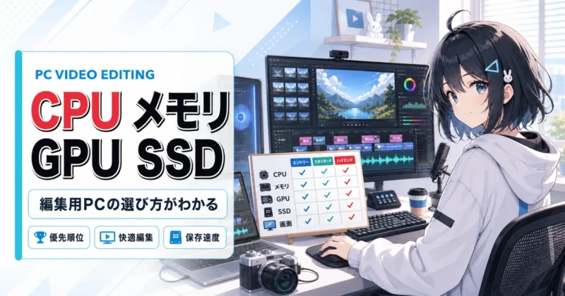 動画編集パソコンのCPUメモリGPU SSDを比較する図
