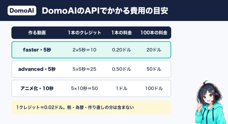 DomoAIのAPIでかかる費用の目安。faster5秒は1本0.20ドル・100本20ドル