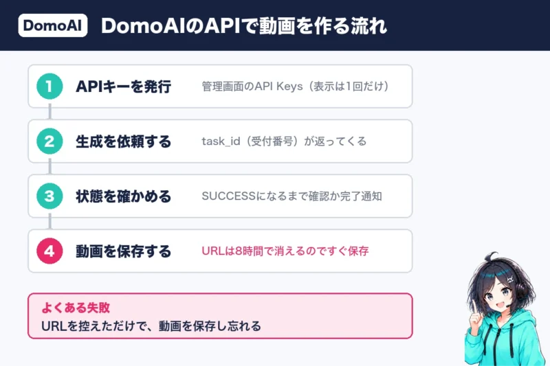 DomoAIのAPIで動画を作る流れ。APIキー発行・生成の依頼・状態の確認・動画の保存
