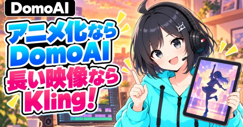 アニメ化ならDomoAI長い映像ならKlingとタブレットを持つ女の子