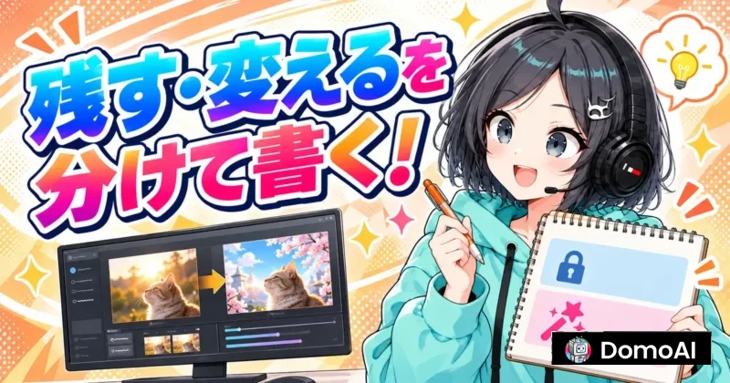 DomoAIの画像編集で残す部分と変える部分を分けてプロンプトを書くイメージ