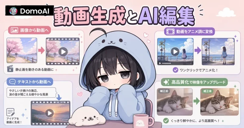 DomoAIの動画生成や画像編集など主要機能のイメージ