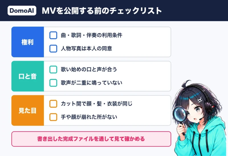 DomoAIで作ったMVを公開する前のチェックリスト。権利・口と音・見た目