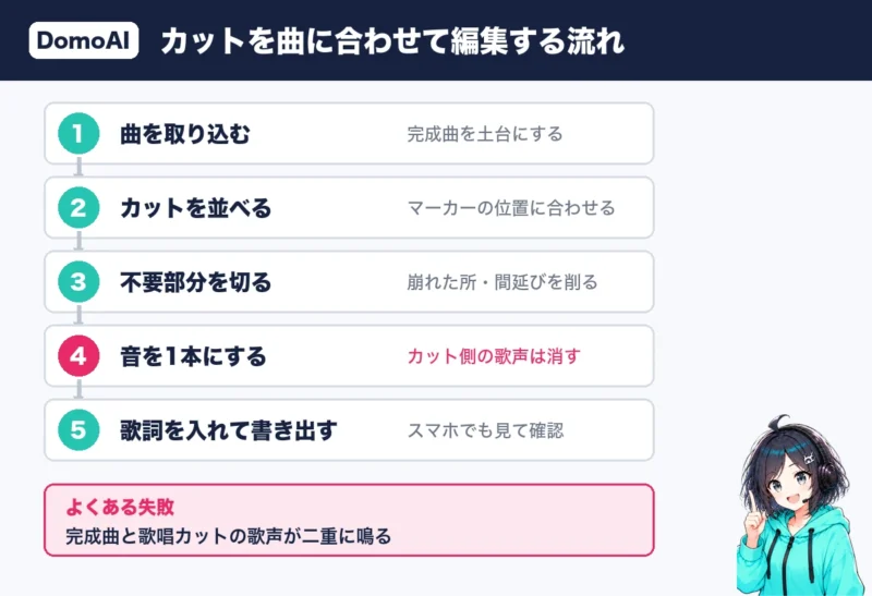 DomoAIで作ったカットを曲に合わせて編集する5つの流れと、歌声が二重に鳴る失敗