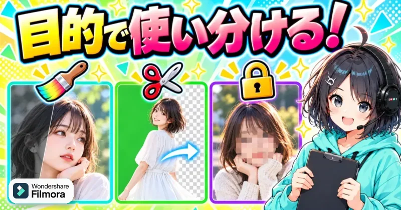 カラーマスク・クロマキー・モザイクを目的で使い分けるイメージ