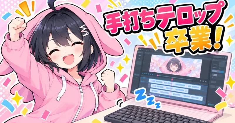 文字起こしで手打ちテロップを卒業できることを示すまとめのバナー
