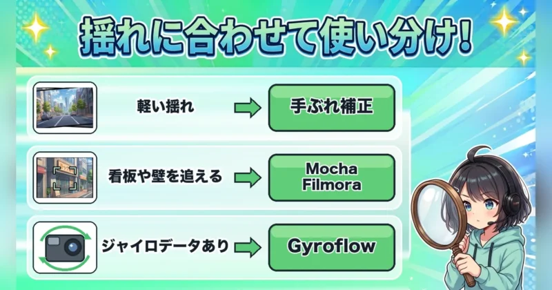 揺れの種類で手ぶれ補正・Mocha Filmora・Gyroflowを使い分ける