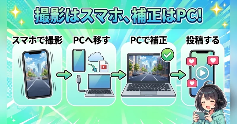 撮影はスマホ、補正はPC版Filmoraで行う流れ