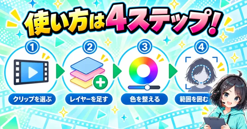 Filmora16のカラーマスクの使い方4ステップ（クリップを選ぶ・レイヤーを足す・色を整える・範囲を囲む）