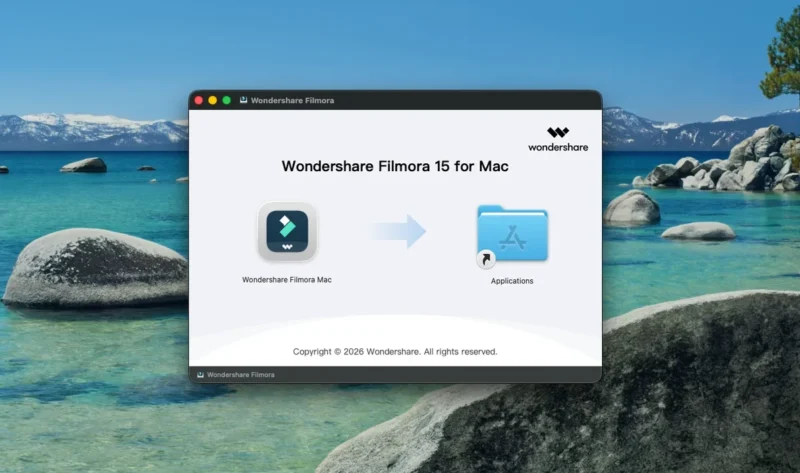 Filmora15をアプリケーションフォルダへドラッグする画面