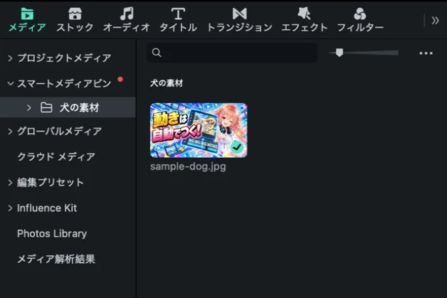 Filmora(フィモーラ)16のスマートメディアビンに条件に合う素材だけが集まった画面
