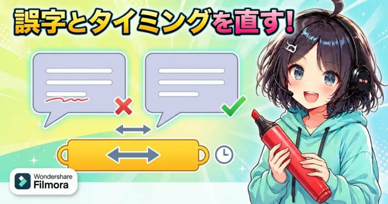 Filmora16の字幕トラックで誤字と表示タイミングを直すイメージ